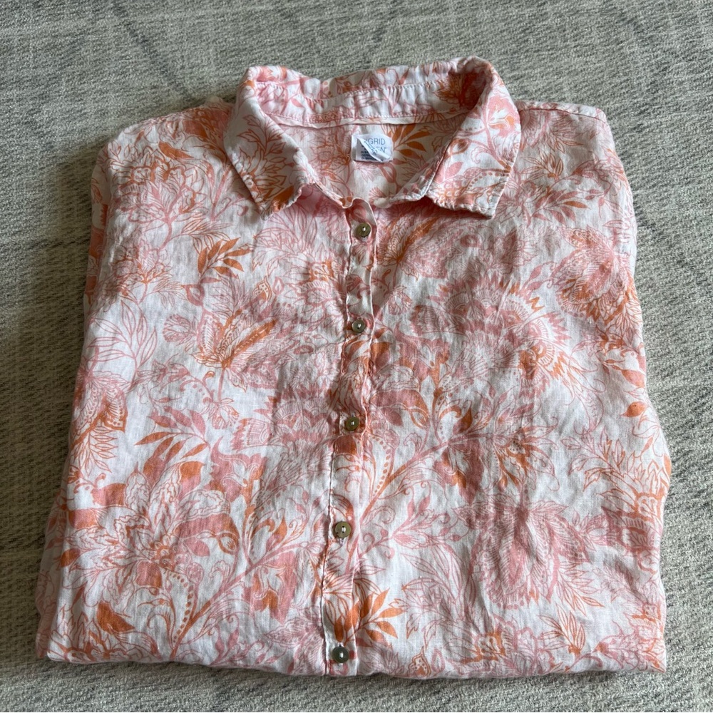 Sigrid Olsen Floral Pink / Orange 100% Linen Shirt Size 2X